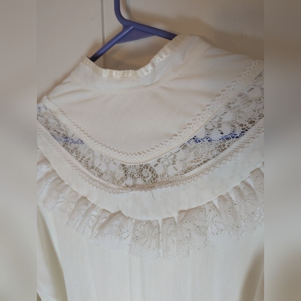 🤍 Vintage S Dress Fairy Prairie Cottage Wedding Cream Lace Puff Sleeves - Picture 6 of 16